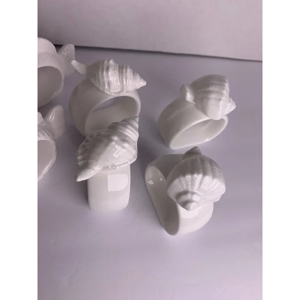 White Ceramic Nautical Napkin Rings Set of 8 Fish and‎ Seashell Coastal Decor